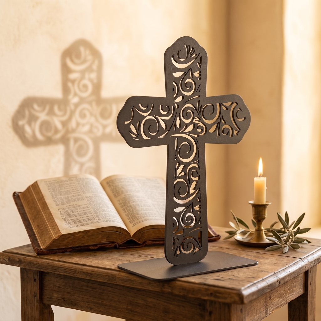 Elemental Christianity Cross steel piece, three-quarter side view