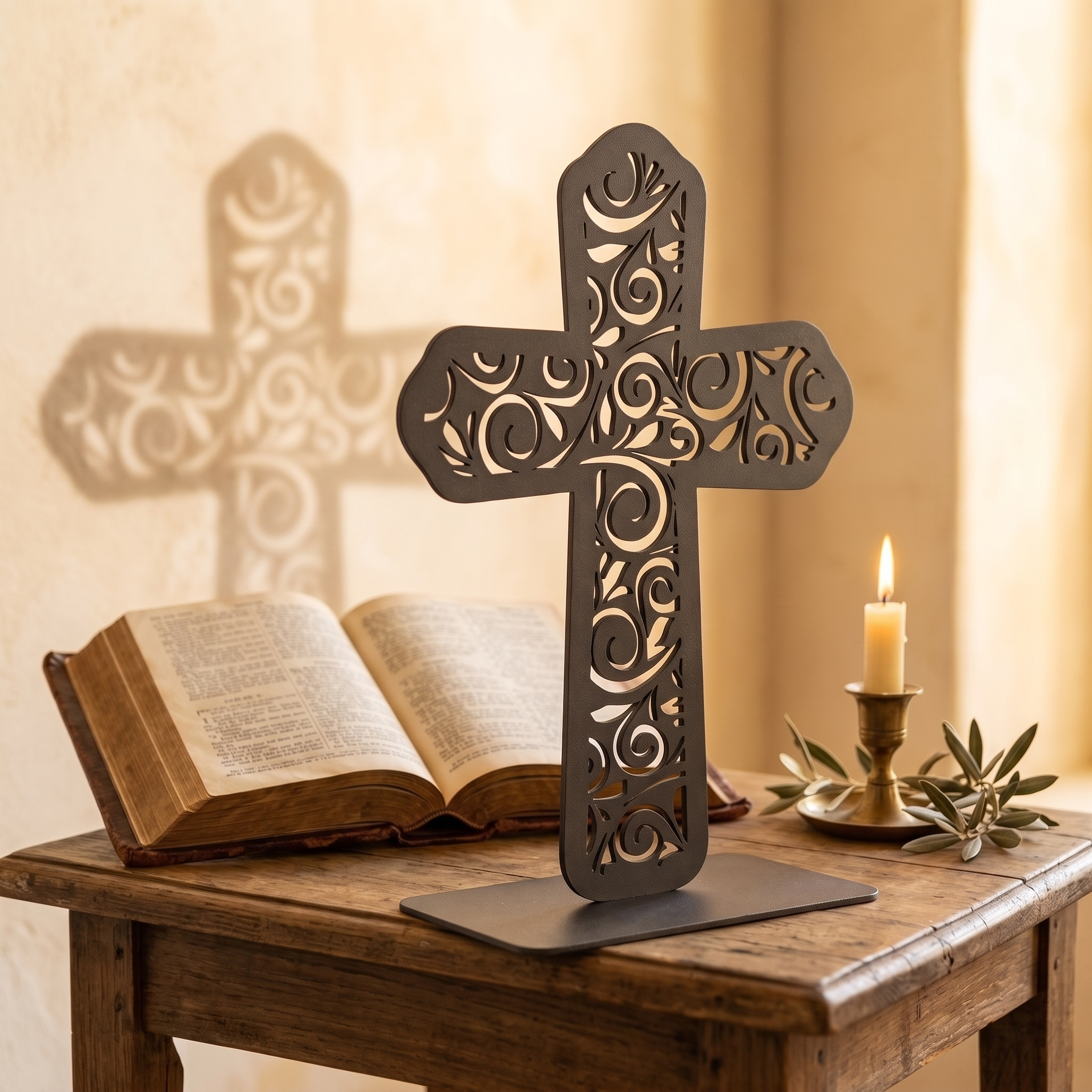 Elemental Christianity Cross steel piece, three-quarter side view