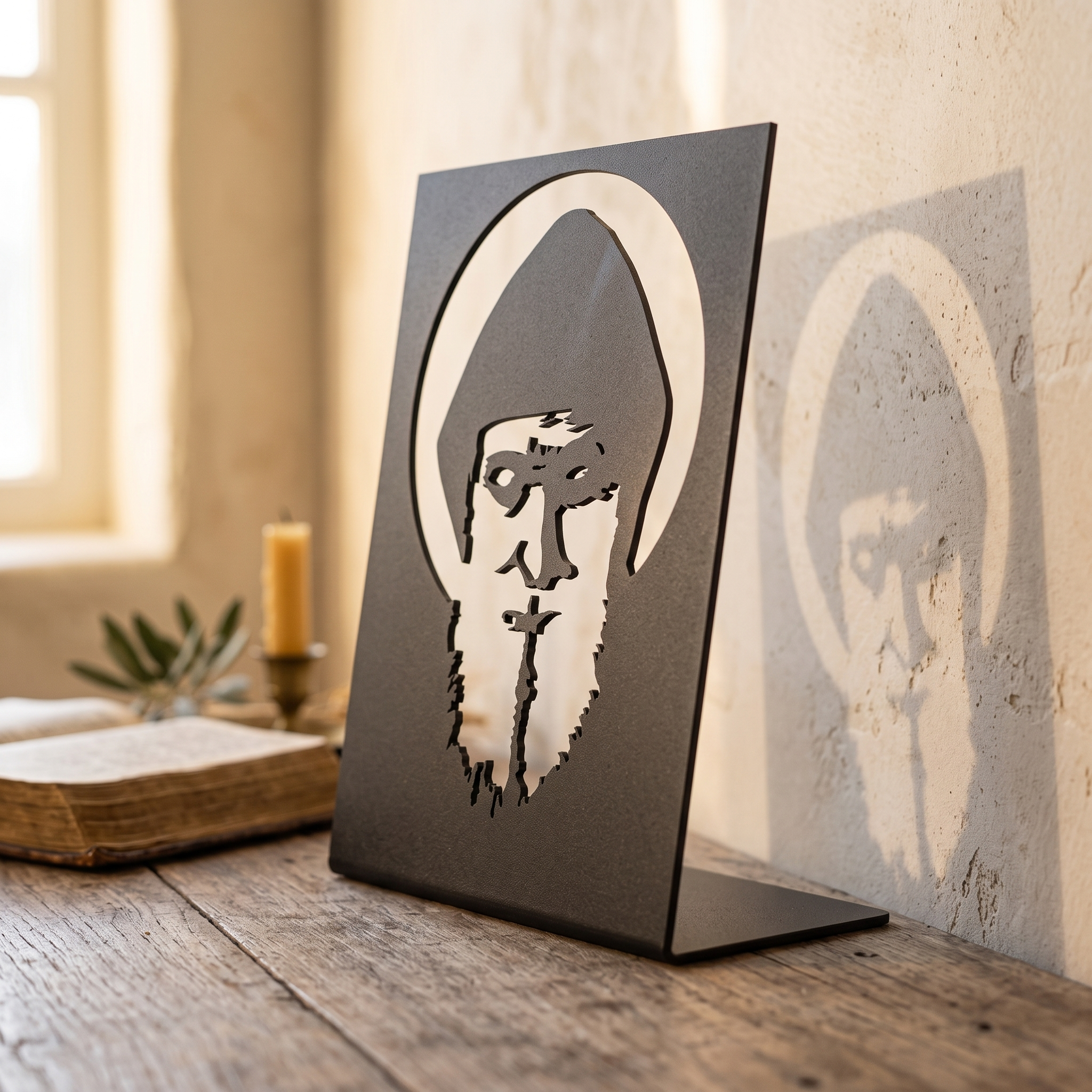 Saint Charbel Silhouette steel piece, three-quarter side view