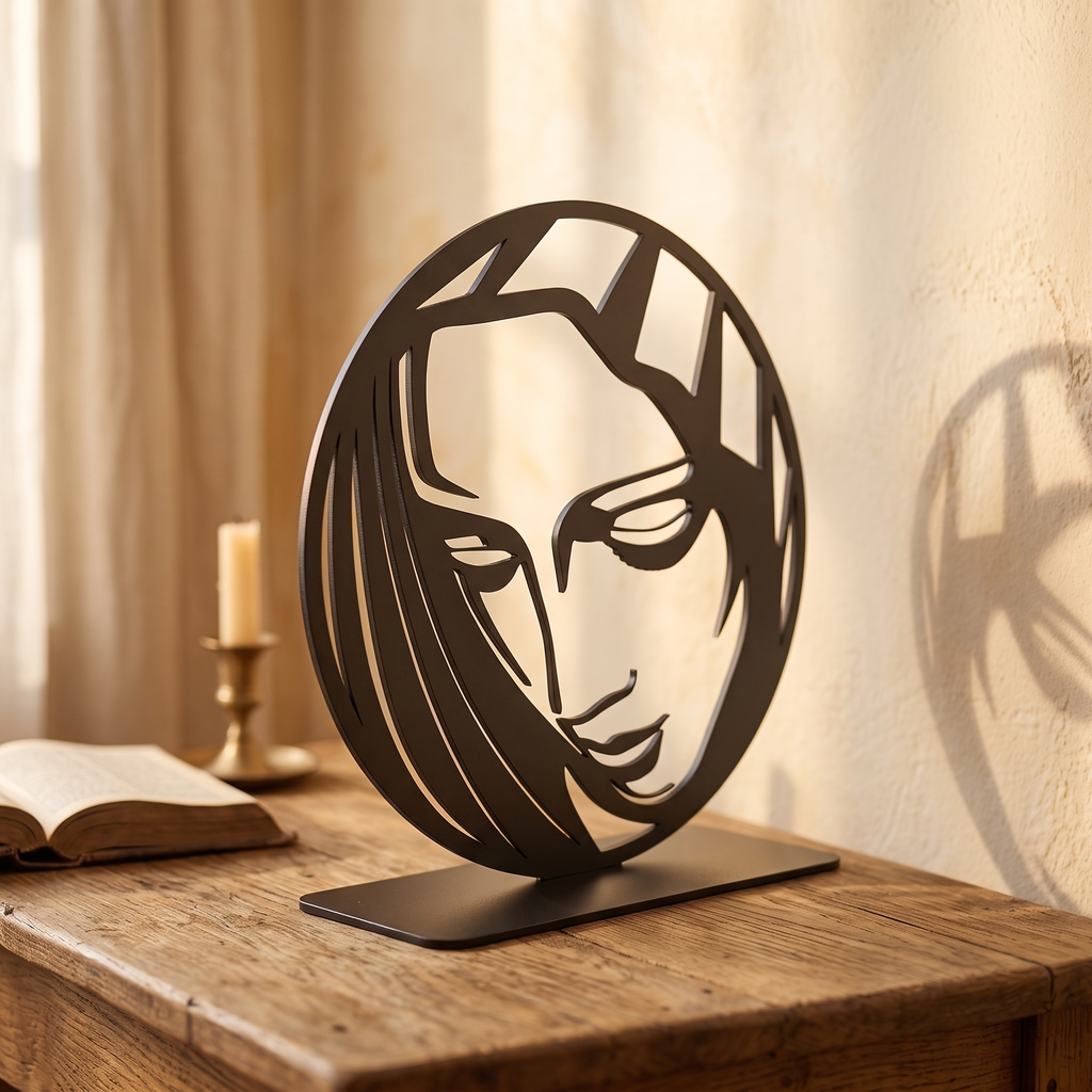 Virgin Mary Face in Circle steel piece, three-quarter side view