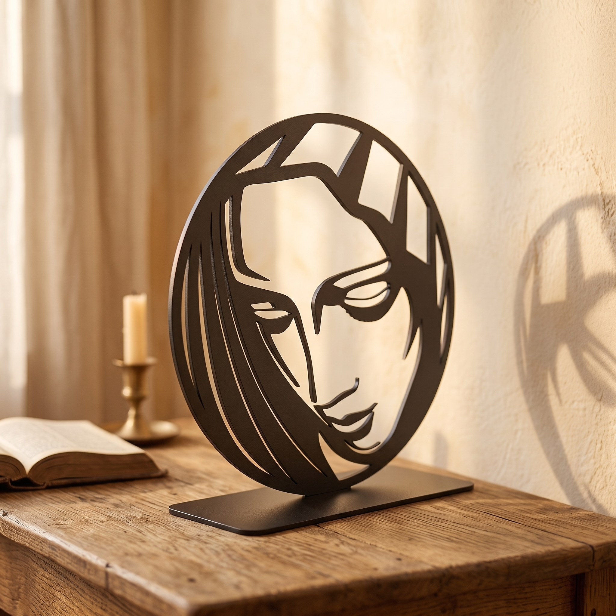 Virgin Mary Face in Circle steel piece, three-quarter side view