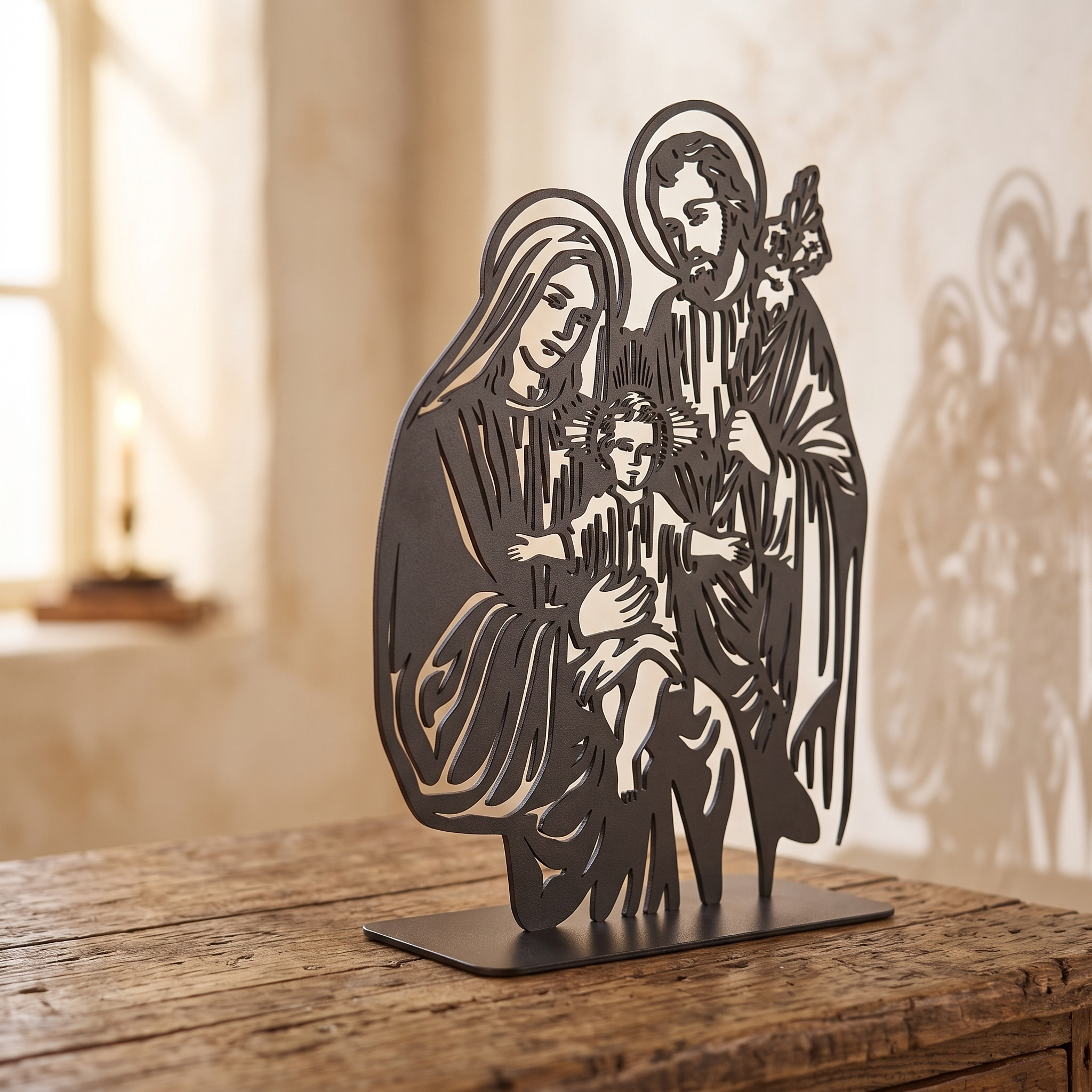 The Holy Family steel piece, three-quarter side view