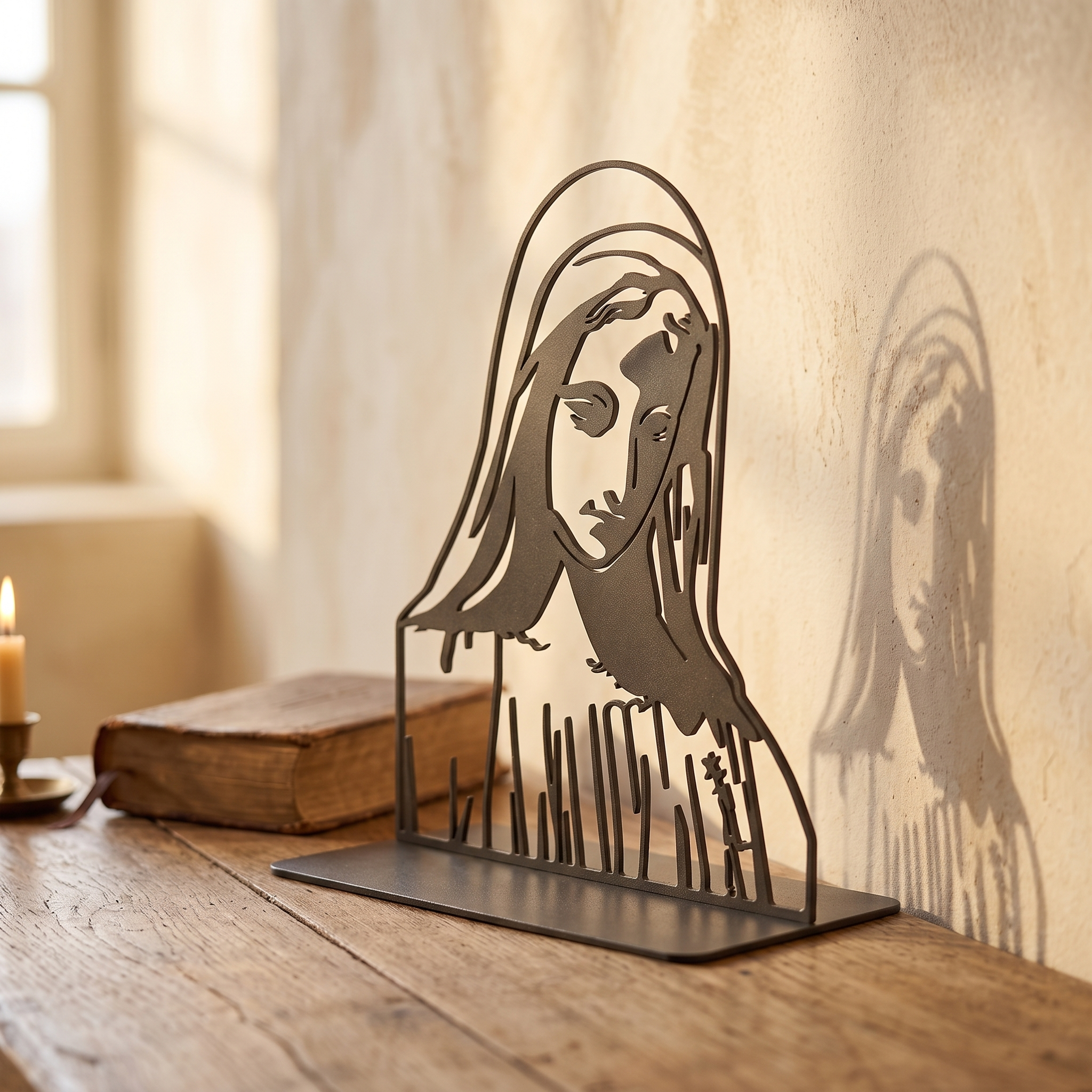 Virgin Mary steel piece, three-quarter side view