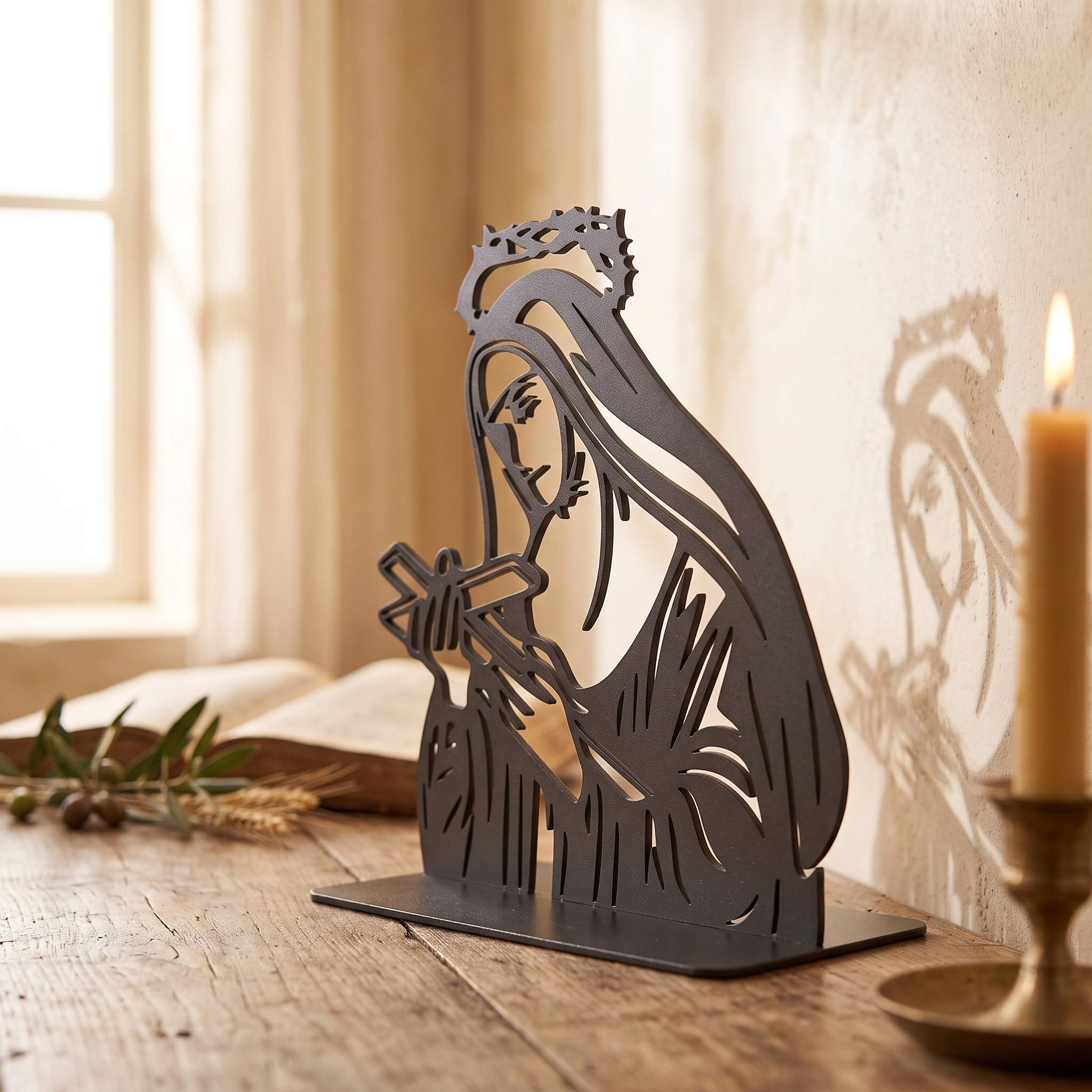 Saint Rita silhouette steel piece, three-quarter side view