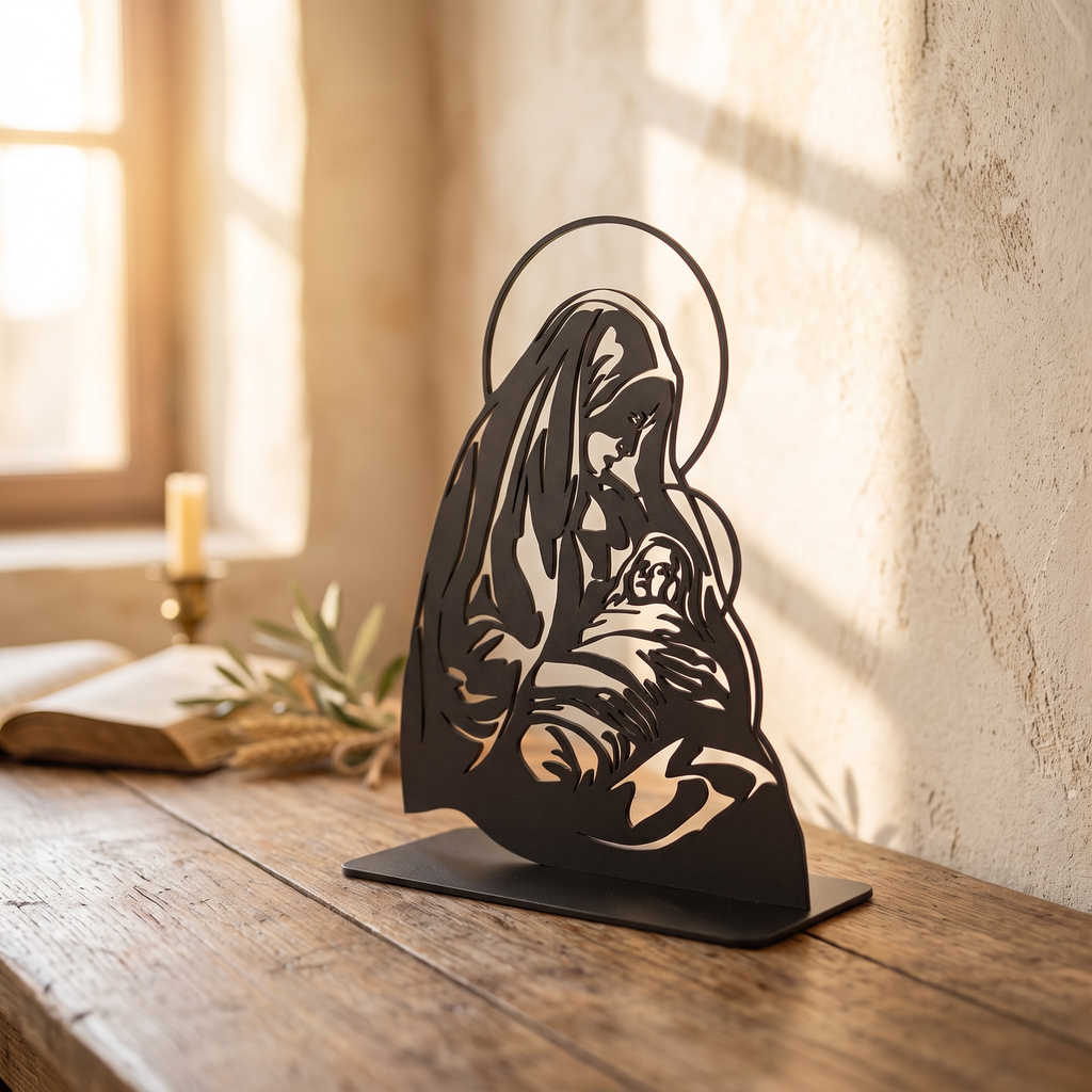 Halo Mary and Jesus steel piece, three-quarter side view
