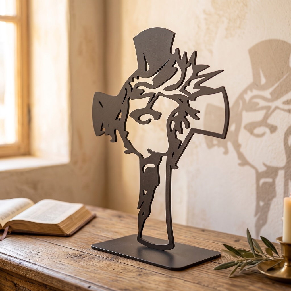 Jesus Face Cross Portrait steel piece, three-quarter side view