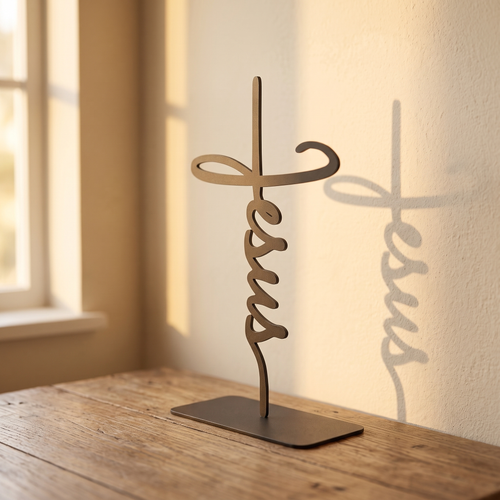Jesus Script Cross steel piece, three-quarter side view