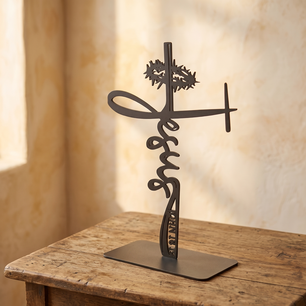 Jesus Crucifix Cross steel piece, three-quarter side view
