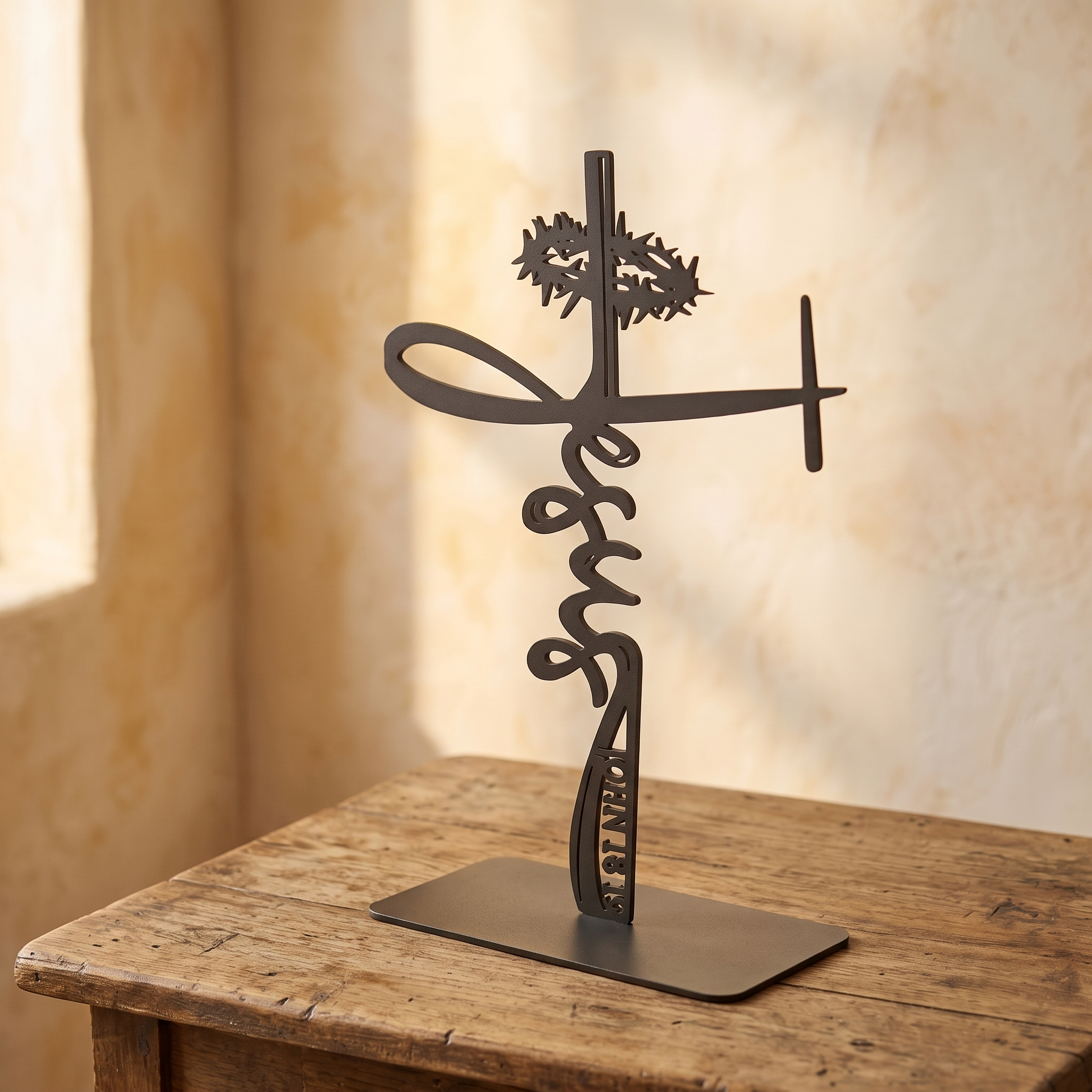 Jesus Crucifix Cross steel piece, three-quarter side view
