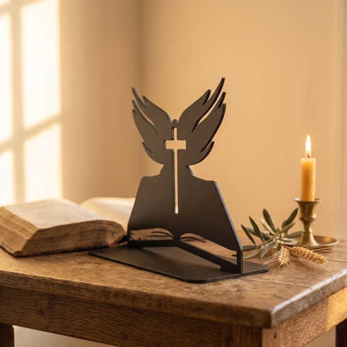 Angel Wings Cross on Bible steel piece, three-quarter side view