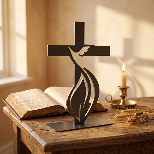 Cross with Dove Flame steel piece, three-quarter side view