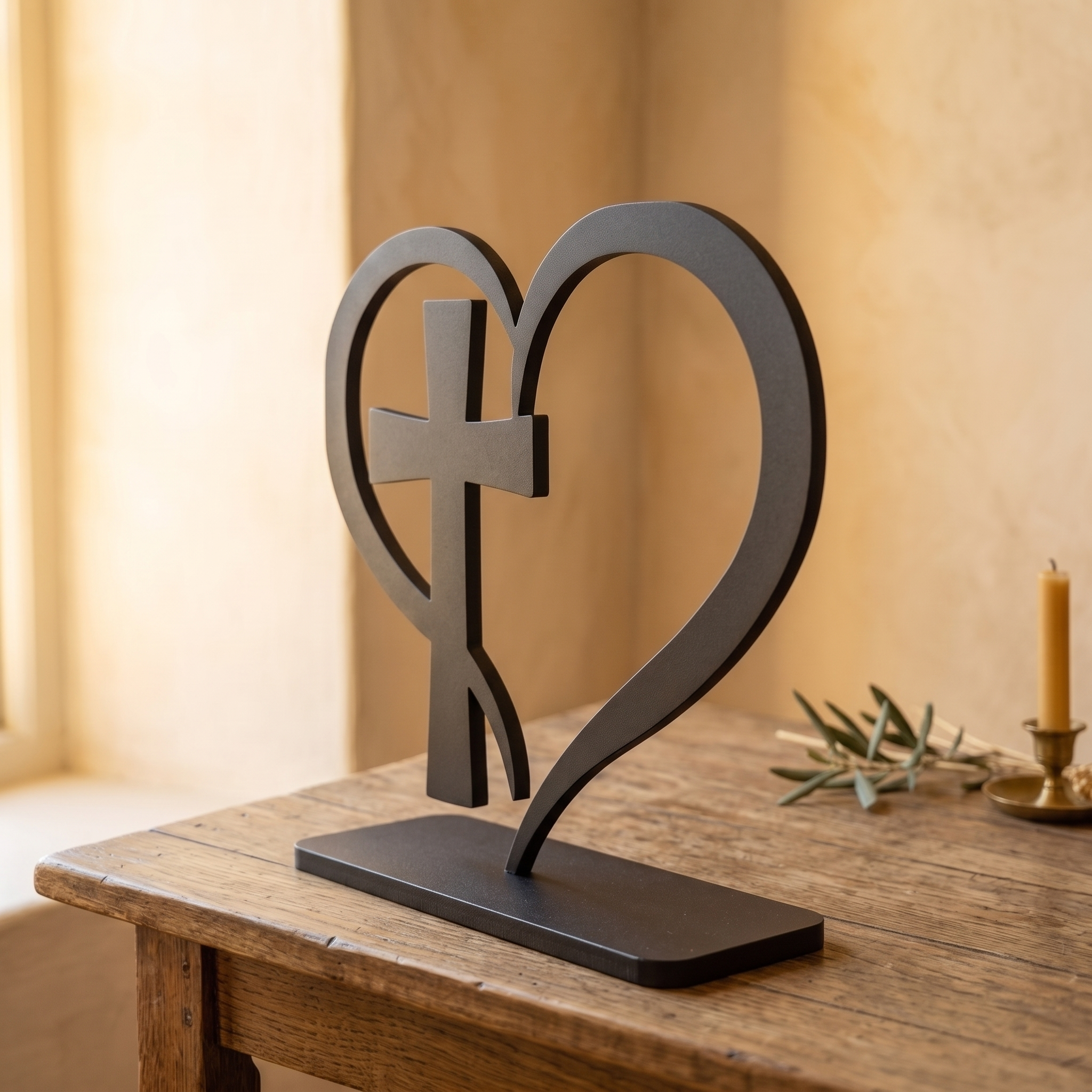 The Love Cross steel piece, three-quarter side view
