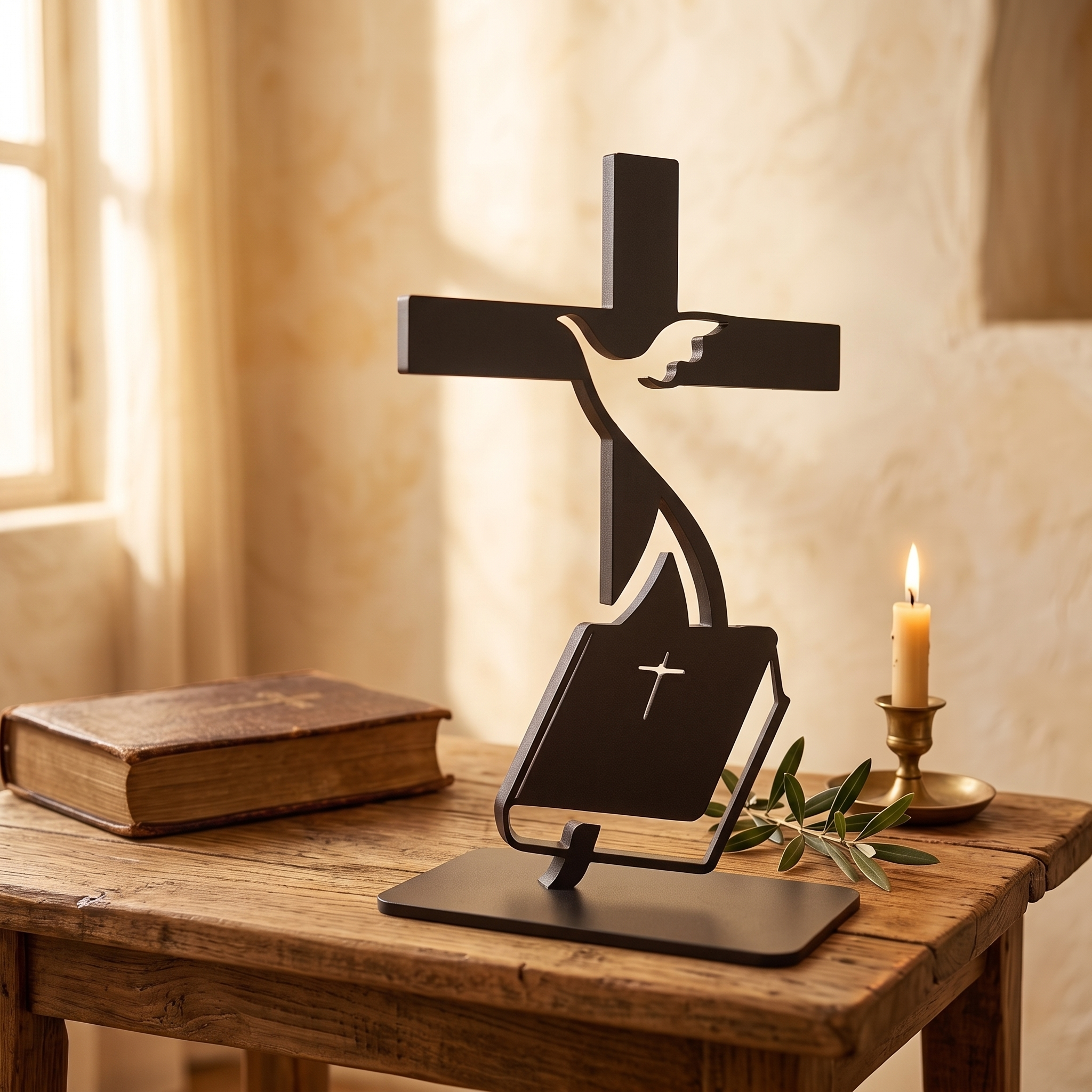 The Holy Spirit Bible steel piece, three-quarter side view